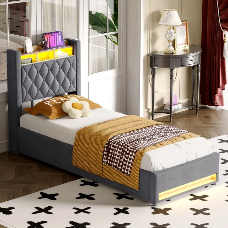 Multifunktionales Polsterbett aus Samt mit LED, USB & Stauraum, ohne Matratze, 90x190 cm, Grau