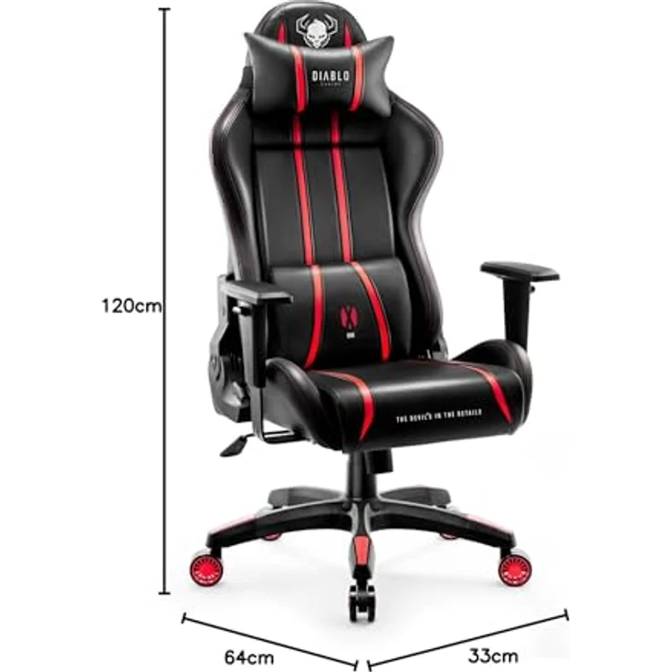 Diablo Chairs Gaming-Stuhl X-One 2.0 Kleiner Drehstuhl Ergonomischer Stuhl Mit Kopfstütze Und Lendenkissen Öko-Leder HDS Tilttech System HR-Schaumfüllung 64 x 33 x 120 cm Schwarz-Rot – Bild 3