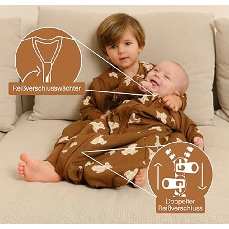 molis&co - Baby Schlafsack Neugeborene Abnehmbare Ärmel - Babyschlafsack 1 tog - Leicht gepolstert - 100% Baumwolle (Oeko-TEX 100), Premium Qualität - Teddy Mocca (12-18 Monate) – Bild 4