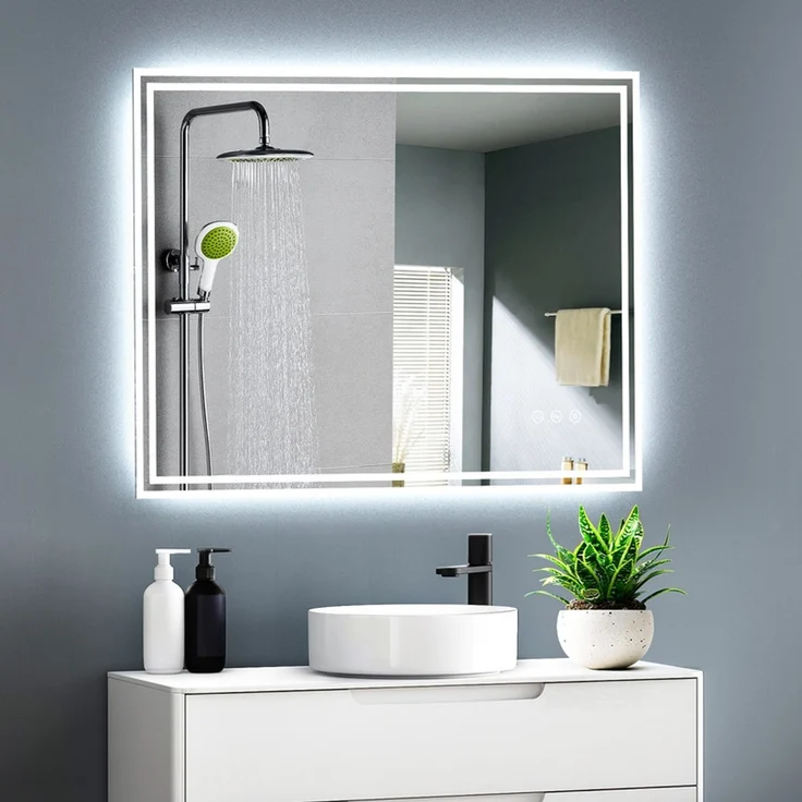 Gimbelen LED Badspiegel 80x60 cm, rechteckig, dimmbar mit 3 Lichtfarben & Anti-Beschlag, integrierte Steckdosen, explosionsgeschütztes Glas, IP44, für Badezimmer, Silber – Bild 2