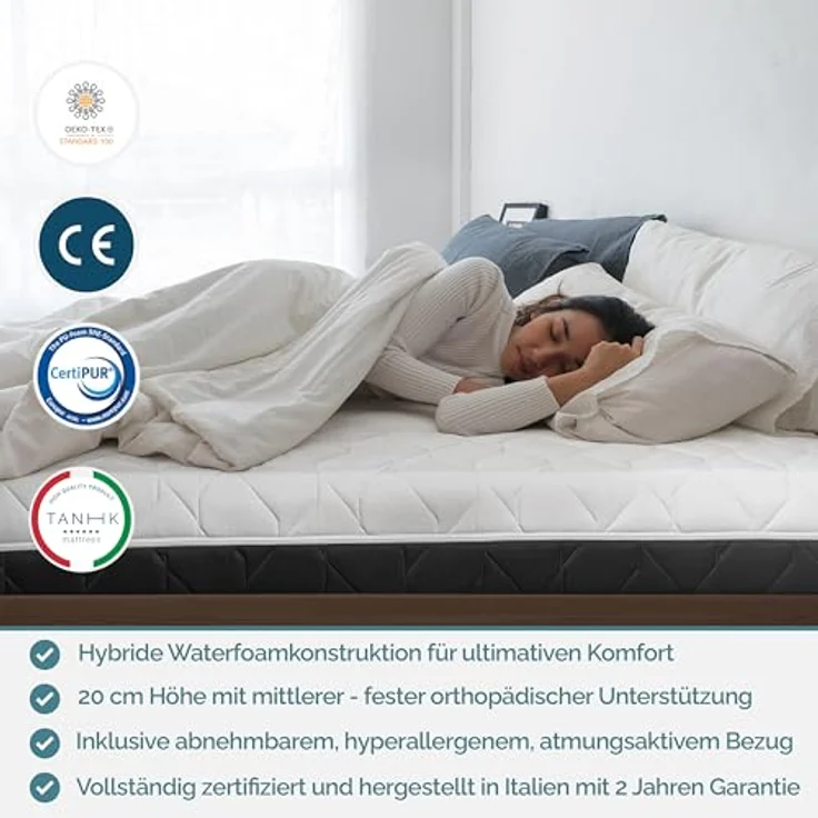 160x190 DoppelMatratze Waterfoam 100% Made in Italy | Ergonomische und orthopädische Unterstützung | Hohe Atmungsaktivität, AirFoam System | Abnehmbar | Hypoallergen, antibakteriell und anti-milben – Bild 5