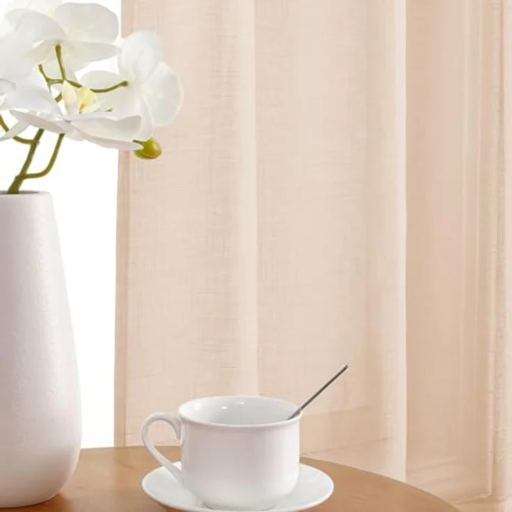 CUCRAF Leinenoptik Voile Vorhänge mit Ösen Halbtransparent Gardine für Schlafzimmer Wohnzimmer H225 x B140cm 2er Set,Baby Rosa – Bild 5