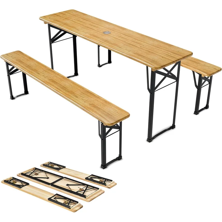 Juskys 'Bichl' Bierzeltgarnitur 3-teilig, klappbar, Holz / Metall natur, 170 x 46 x 77 cm – Bild 1
