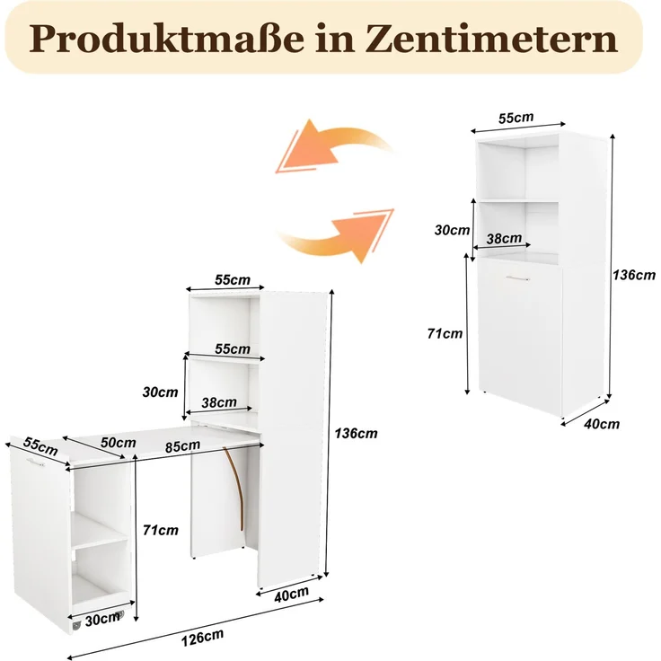 Ausziehbarer Schreibtisch aus MDF mit Stauraumschrank und verstellbaren Ablagen, 126x55x136 cm, Weiß – Bild 5