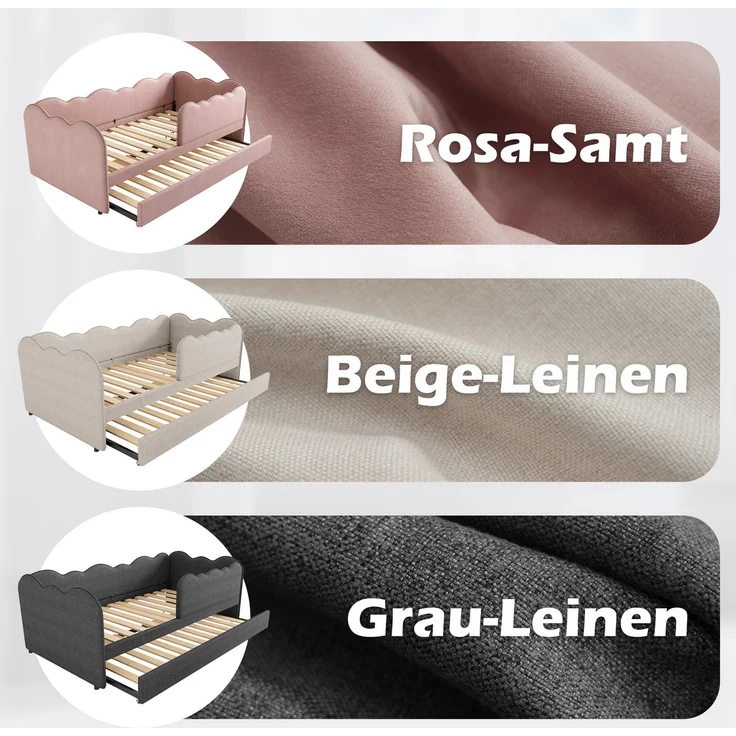 CHICFURN Bett Samt Rosa 90/180x190 cm mit Ausziehbett und abnehmbarem Vordergitter – Bild 6