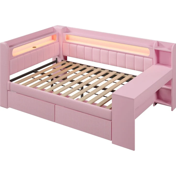 Stauraumbett mit gepolstertem Kopfteil, Schreibtisch und LED-Beleuchtung (140x200cm, Lattenrost, Regal, Schubladen, USB und Type-C), Doppelbett – Bild 6