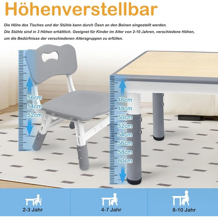 FIVMEN Kindersitzgruppe Kindertisch 4 Stühlen Set Höhenverstellbar Kinderzimmer Möbel – Bild 2
