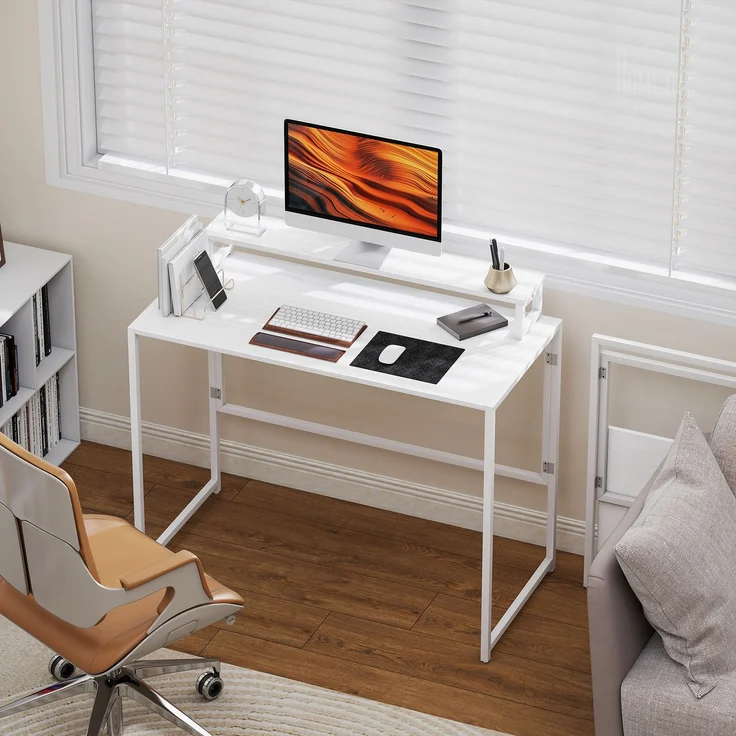 MELAYR, Schreibtisch Klappbar Computertisch mit Monitorhalterung für Arbeitszimmer 100 x 48 x 87.5, Weiß – Bild 3