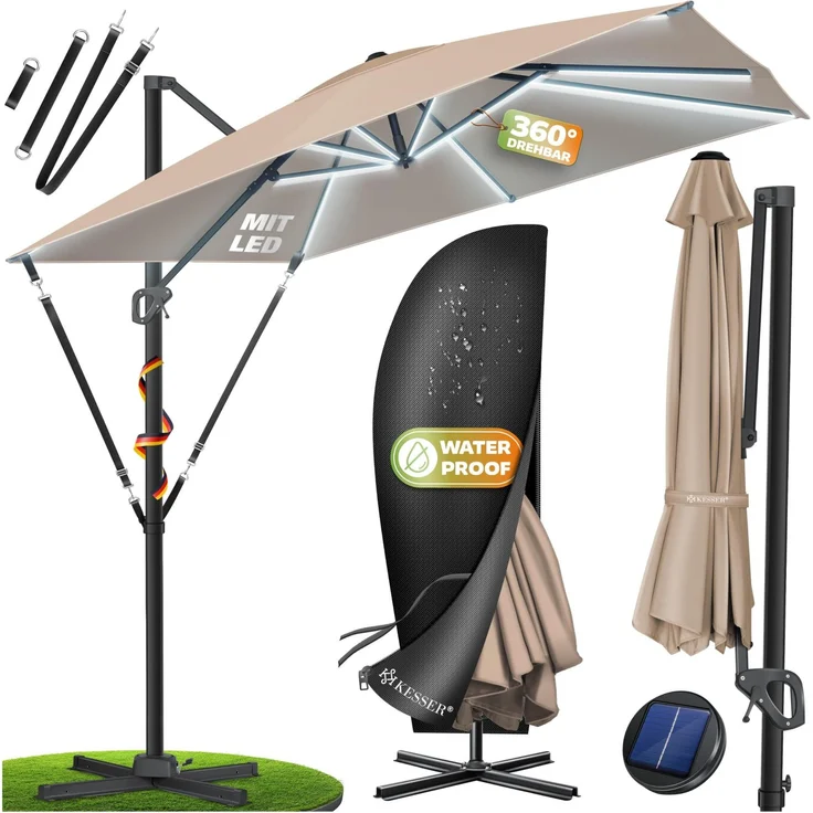 KESSER® Sonnenschirm Ampelschirm SUN XL 300 x 300 cm Inkl. Abdeckung +Windsicherung Drehbar Neigbar Kippbar Marktschirm Groß 360° Rotation, Gartenschirm mit Kurbel Sonnenschutz UV50+ Taupe, Mit LED – Bild 1