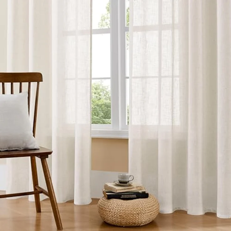 Joydeco Lichtfilternde Vorhänge, 160 cm Länge, für Schlafzimmer, Leinen-Vorhänge, 160 cm Länge, 2 Paneele für Wohnzimmer, weiß, halbtransparente Vorhänge, 160 cm lang, mit Stangentaschen – Bild 3