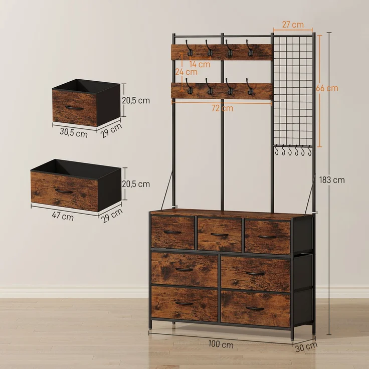 HOMCOM Garderobenständer, Spanplatte, Stahl, Rustikal-Braun, 100L x 30B x 183H cm – Bild 3