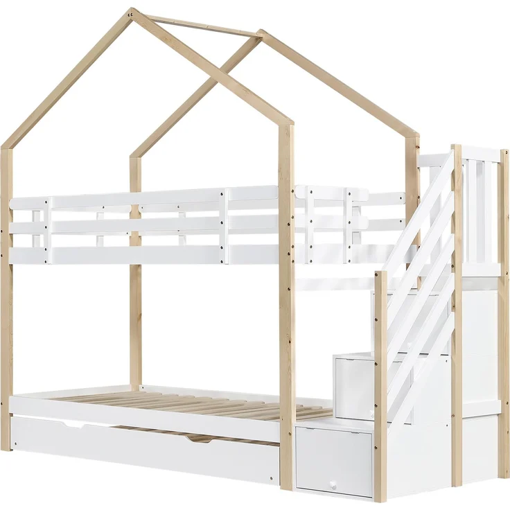Etagenbett 90×200 cm mit Rausfallschutz & ausziehbarem Bett 90×190 cm, Natur/Weiß, ohne Matratze – Bild 6