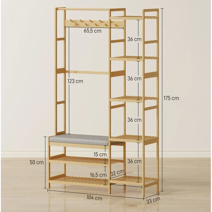 Garderobenständer aus Bambus mit Schuhregal und Sitzbank, 104x33x175 cm, Naturholz – Bild 2
