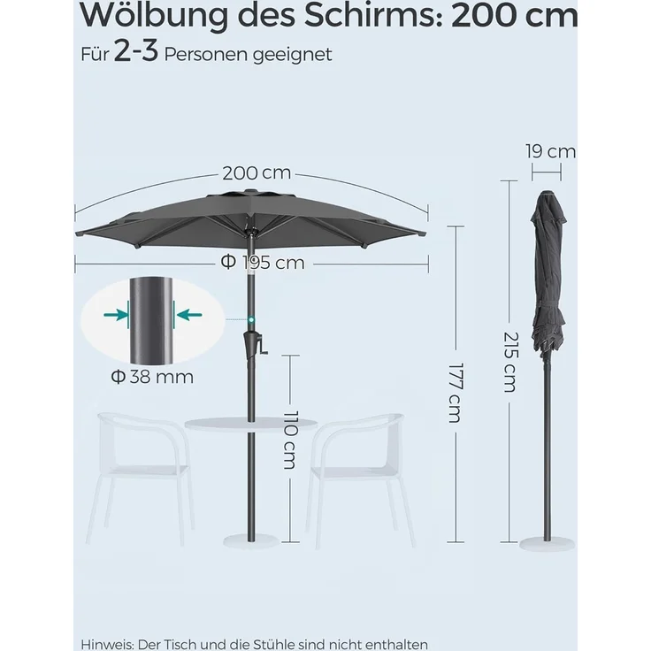 Songmics Sonnenschirm mit UV-Schutz bis UPF 50+, knickbar, Metall / Polyester grau, Ø 2 x 2,15 m – Bild 7
