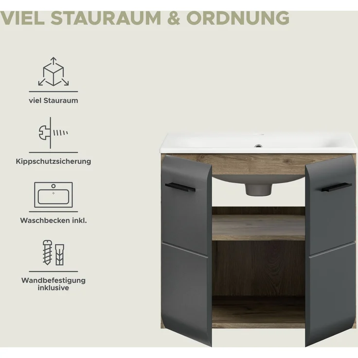 Waschtisch inkl. Waschbecken (B/H/T: 60x55x46 cm) in schwarz matt und Nox Oak Nachbildung – Bild 8