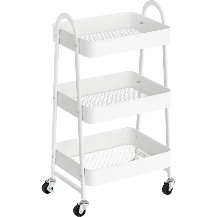 SONGMICS Rollwagen mit 3 Ebenen, Servierwagen aus Metall, Küchenwagen, Küchenregal mit Griffen, 2 Bremsen, einfacher Aufbau, für Malutensilien, Schlafzimmer, Waschküche, weiß BSC068W01