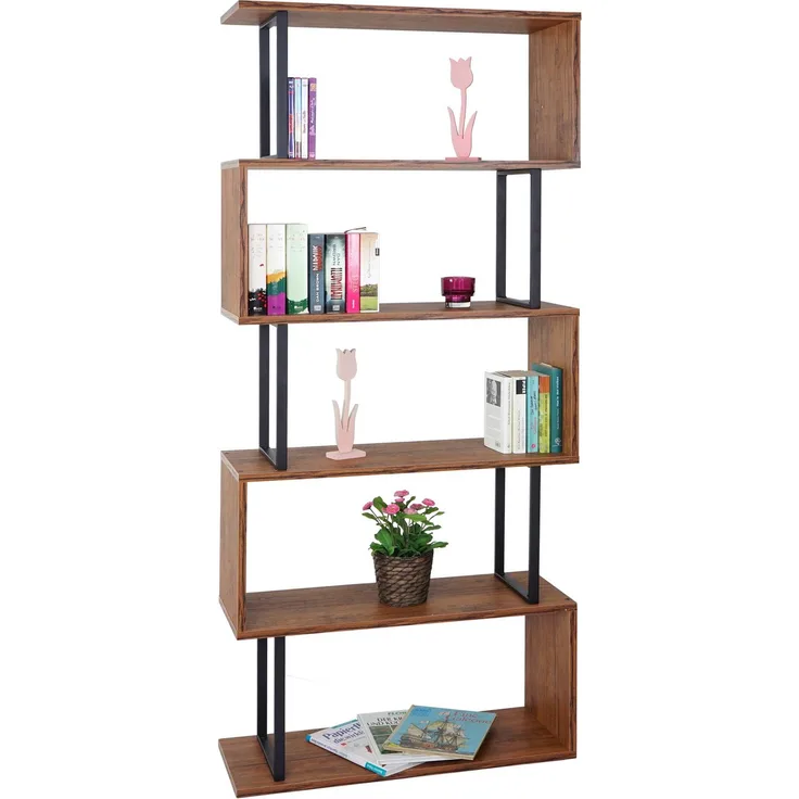 Bücherregal HWC-A27, Standregal Wohnregal, 183x80cm 3D-Struktur 5 Ebenen ~ Wildeiche-Optik, Metall schwarz