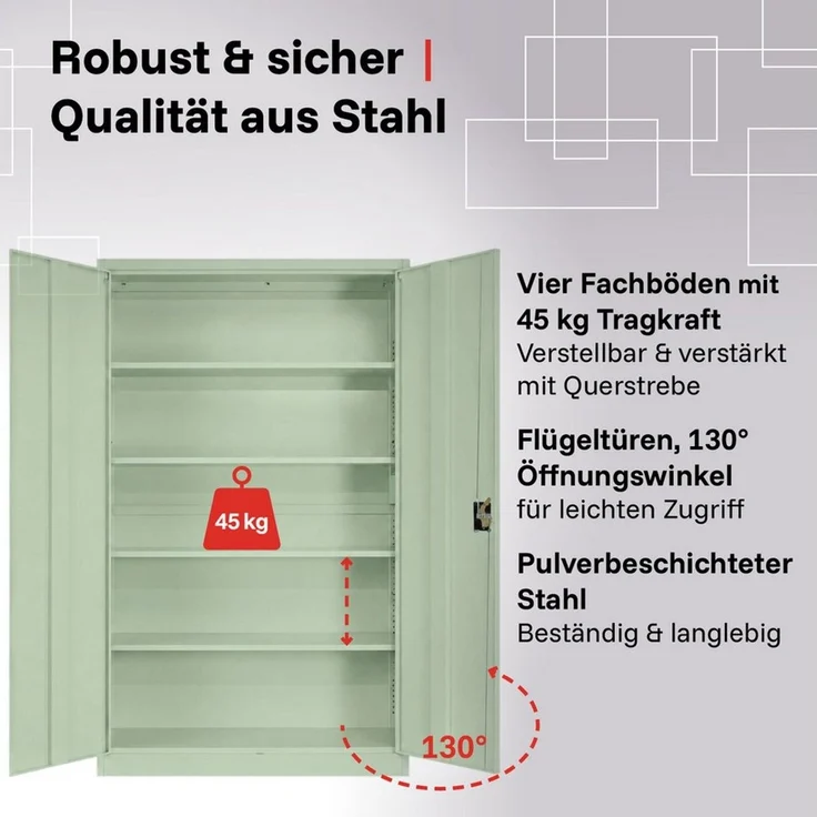 LagerZwei Aktenschrank Stahlschrank 140x90x40 cm (1-St) 3-fach verriegelt, 4 höhenverstellbare Böden, Flügeltüren 130° – Bild 2