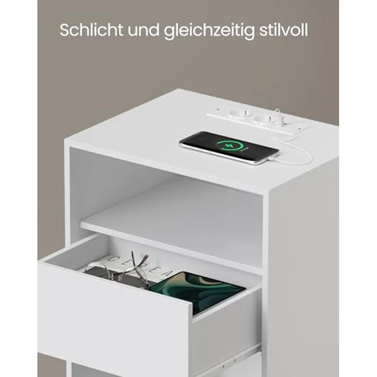 Vasagle Toolless-Technologie, superschnelle werkzeuglose Montage, Nachttisch, Beistelltisch mit Ladefunktion, Nachtschrank mit Schublade, modern, Schlafzimmer, Wohnzimmer, mattweiß LETDE777W04 – Bild 7