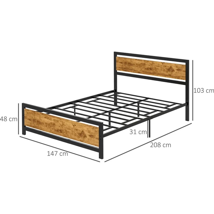 Bettgestell aus Holz und Stahl im Industrial-Stil mit Lattenrost,Schwarz, Rustikales Braun, 103 x 147 x 208 cm, Cecodadi – Bild 5