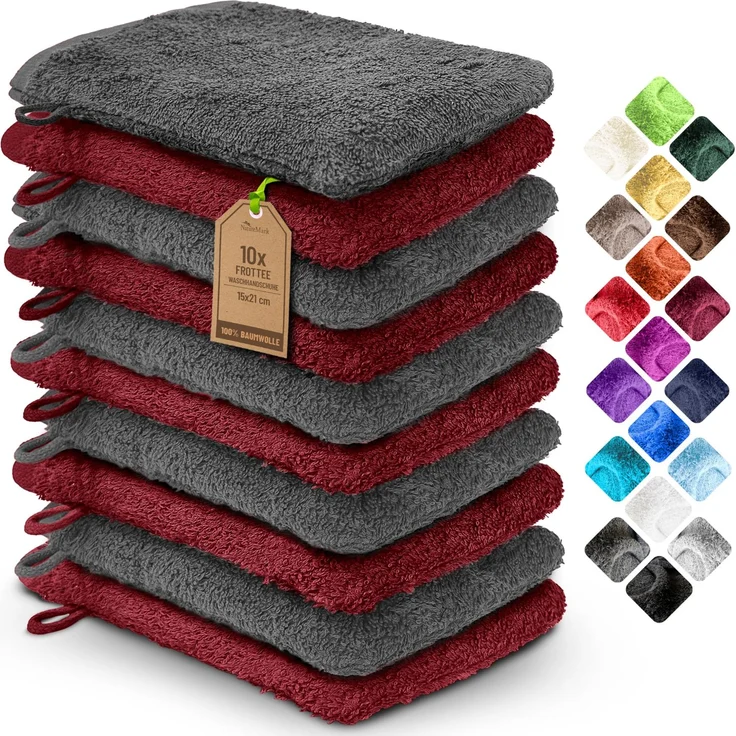 NatureMark 10x Waschhandschuhe aus Frottee 100% Baumwolle – Weich und Robust, Ideal für die tägliche Pflege und Gäste – Anthrazit/Bordeaux, 15x21 cm