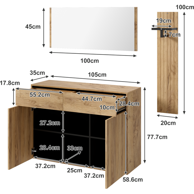 DESVIAE Garderobenschrank-Set 3-tlg. Natural/Schwarz aus MDF/Spanplatte – 125x178x35 cm – Spiegel, Schubladen – Bild 10