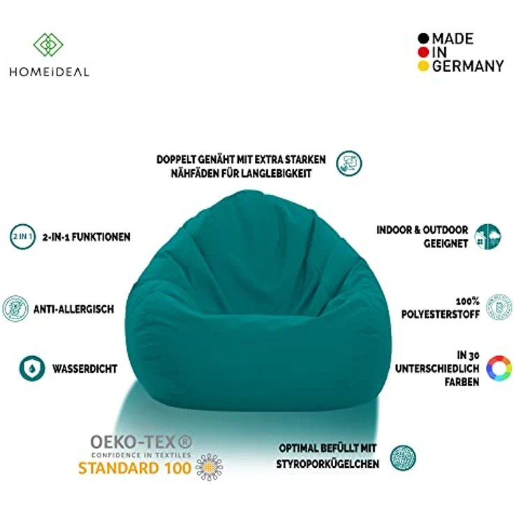 HomeIdeal - Sitzsack XXL Bodenkissen für Erwachsene & Kinder - Geeignet für Gaming oder Entspannen - Indoor wie Outdoor da er Wasserfest ist - mit EPS Perlen, Farbe:Türkis, Größe:XXXL – Bild 4
