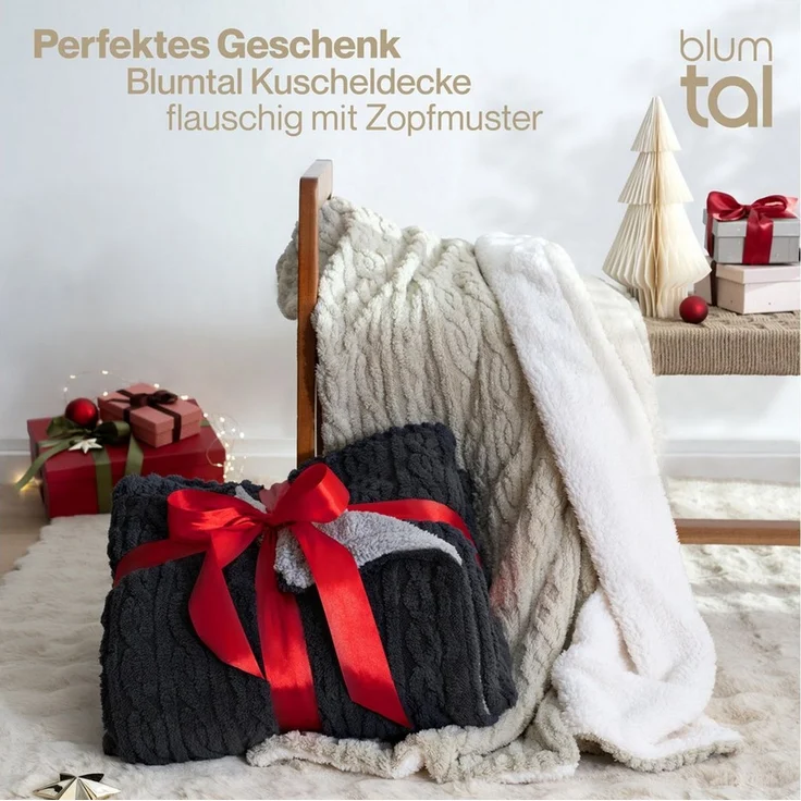 Blumtal Wohndecke, Oeko-TEX zertifiziert, waschbar, weiche Sherpa-Innenseite, Anthrazit/Grau, 230x270 cm – Bild 3