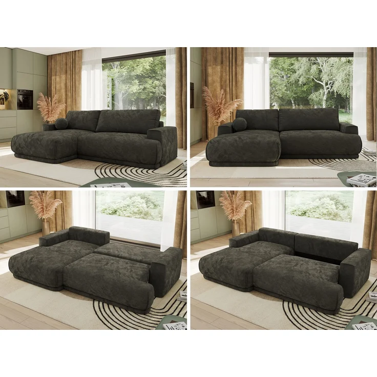RINA L Design Ecksofa, Schlaffunktion & Stauraum, DL-System, Wellenfedern, Liegefläche 220x155 cm, freistehendes Polstersofa, Schlafcouch - Dunkelgrau Schenille glatt - Links Seite – Bild 2