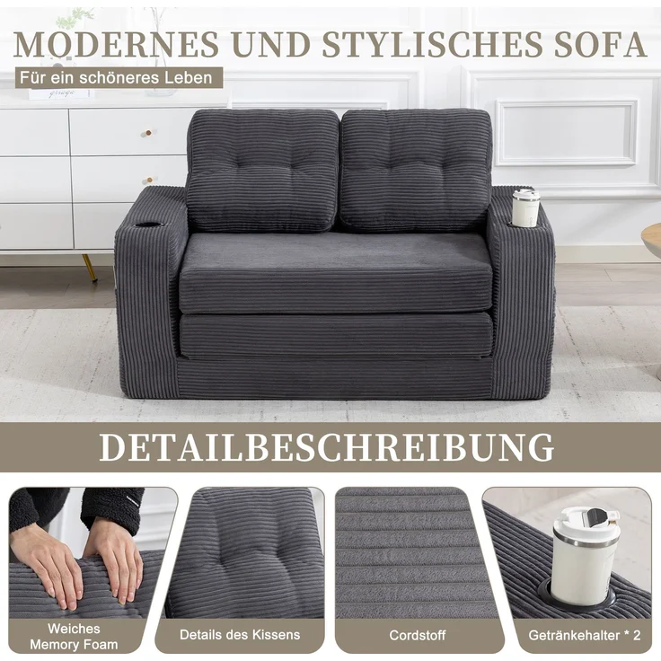 LVHOM 2-Sitzer Sofa aus Cordstoff – Montagefrei, Multifunktionales Schlafsofa mit Getränkehaltern und Seitentaschen, klappbares Gästebett, Grau – Bild 8
