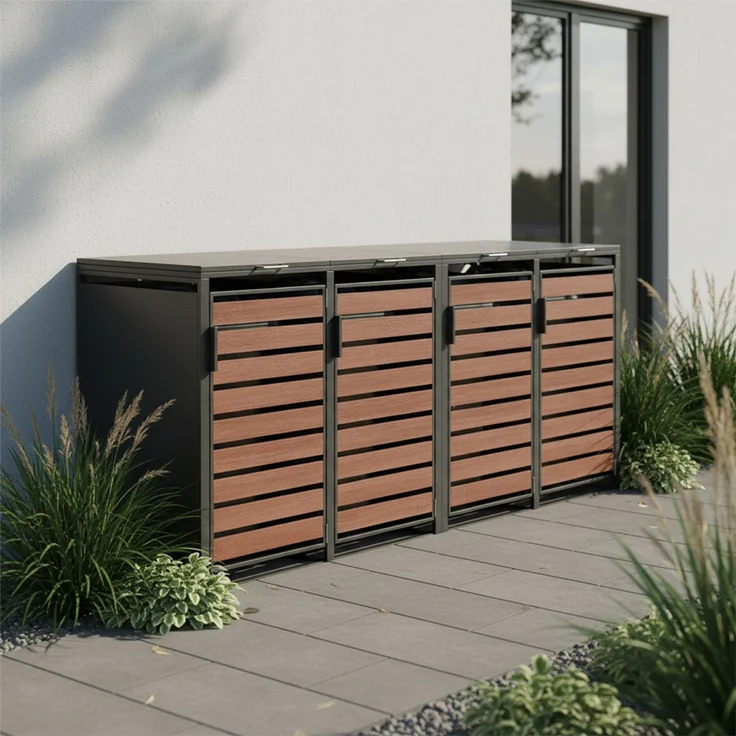 STEELSØN 'Kestra' Mülltonnenbox 4er je 240 Liter, graphitschwarz mit Nußbaum-Holzoptik, Mülltonnenverkleidung aus Stahl, wetterfest, 116x80x268 cm, Müllbox für 4 Tonnen – Bild 8