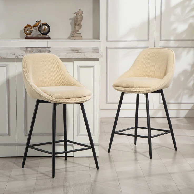 2er-Set Barhocker aus Cord, Barstühle mit geschwungener Rückenlehne, Fußstütze, 49 x 52 x 88 cm, beige – Bild 3