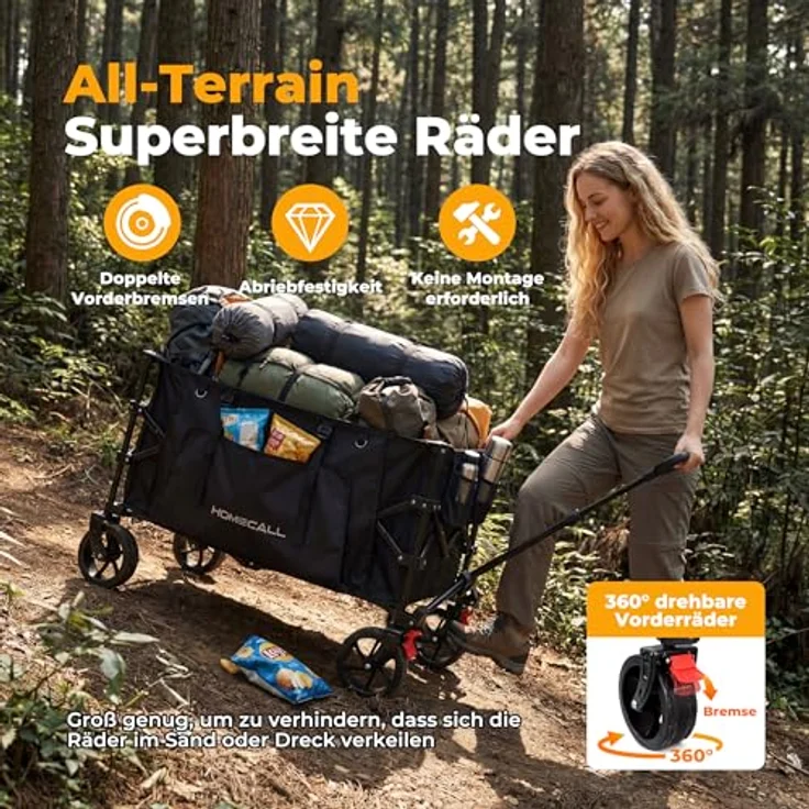 HOMECALL All-Terrain Bollerwagen 200L XXL-Volumen, klappbar mit Kühltasche, 200 kg Tragkraft, für Einkaufen, Camping und Garten – Bild 5