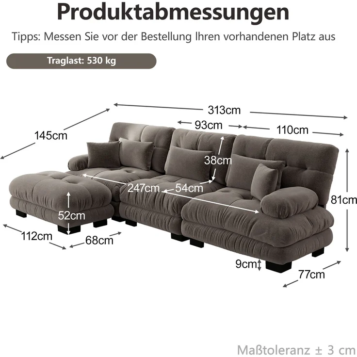 DESVIAE Sofa modular mit beweglichen Ottomanen aus Chenille Braun, 313 x 145 x 81 cm – Bild 10