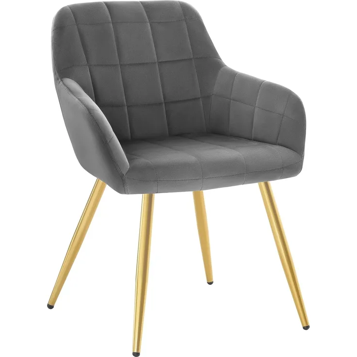 WOLTU® Esszimmerstuhl BH232dgr-1 1 Stück Küchenstuhl Polsterstuhl Wohnzimmerstuhl Sessel mit Armlehnen, Sitzfläche aus Samt, Gold Beine aus Metall, Dunkelgrau