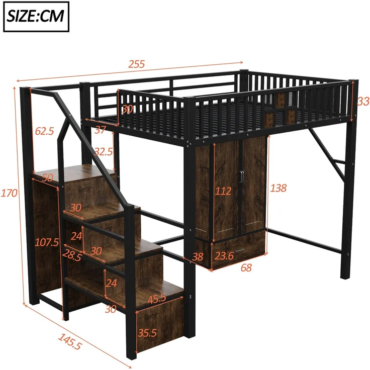 EINHOM Metall-Hochbett 140 x 200 cm mit Markantem Geländerdesign aus Holz und Metallgitter, Komplett mit Großem Kleiderschrank, Schubladen und Aufbewahrungsleiter, Schwarz (Ohne Matratze) – Bild 2