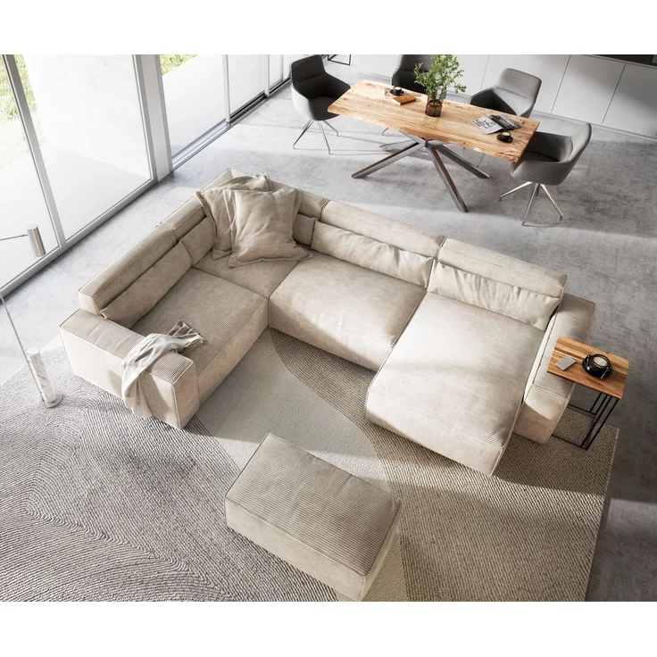 Wohnlandschaft Sirpio 300x210 cm Cord Beige Recamiere variabel mit Hocker – Bild 4