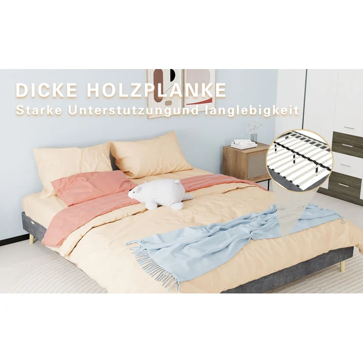 Novelux Bettgestell 160x200 Samt Grau – Modernes Plattformbett ohne Kopfteil, Holzrahmen, Minimalistisches Design – Bild 6