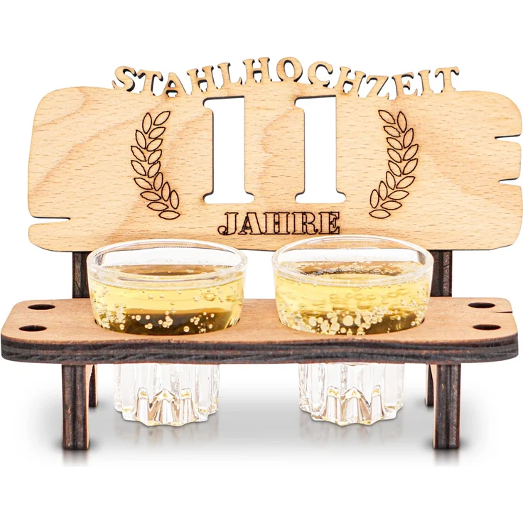 DARO Design - Schnapsbank 11. Hochzeitstag Stahlhochzeit Geschenk Deko für Paare Männer Frauen aus Holz mit Gläsern