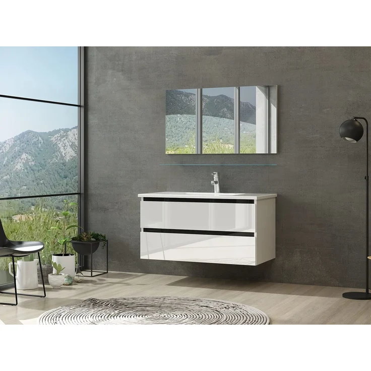 Homeline Badmöbel Set mit Schubladen Glas ablage (Dennis Weiss, 90 cm ohne Hochschrank) – Bild 1