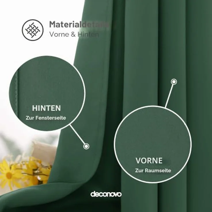 Deconovo Blickdichter Kurzer Vorhang Hitzeschutz Thermovorhänge Waldgrün | 1 Stück, H138 x B132 cm, Ösenschal Gardinen, Abdunkelnd, Sichtschutz, UV-Schutz, Kälteschutz und Hitzeschutz Blackout Curtain – Bild 4