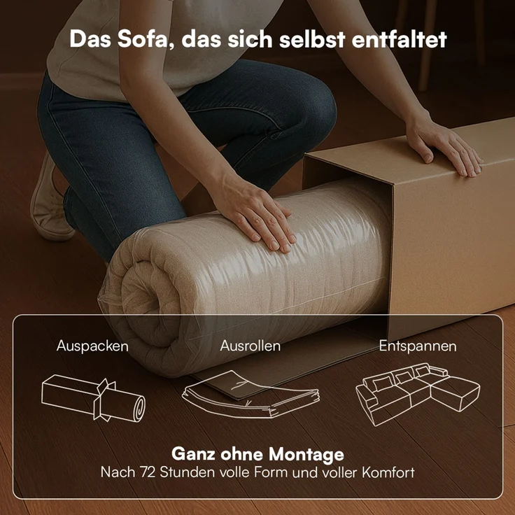 skølm 'Loki' Sofa 4 Sitzer, Vollschaumcouch mit Federkern und Vakuum-Kompression, kein Aufbau erforderlich, mit 4 Kissen, Teddy-Bouclé Stoff dunkelgrün – Bild 4