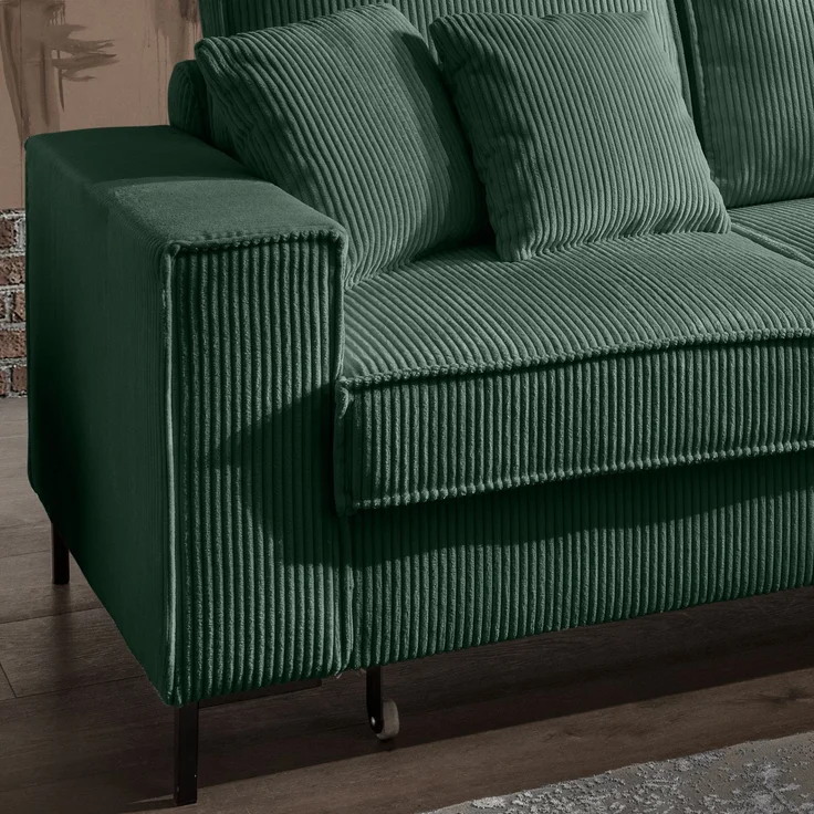 Ecksofa Récamiere Schlaffunktion Bettkasten Couch Polsterecke in Cord Grün – Bild 5