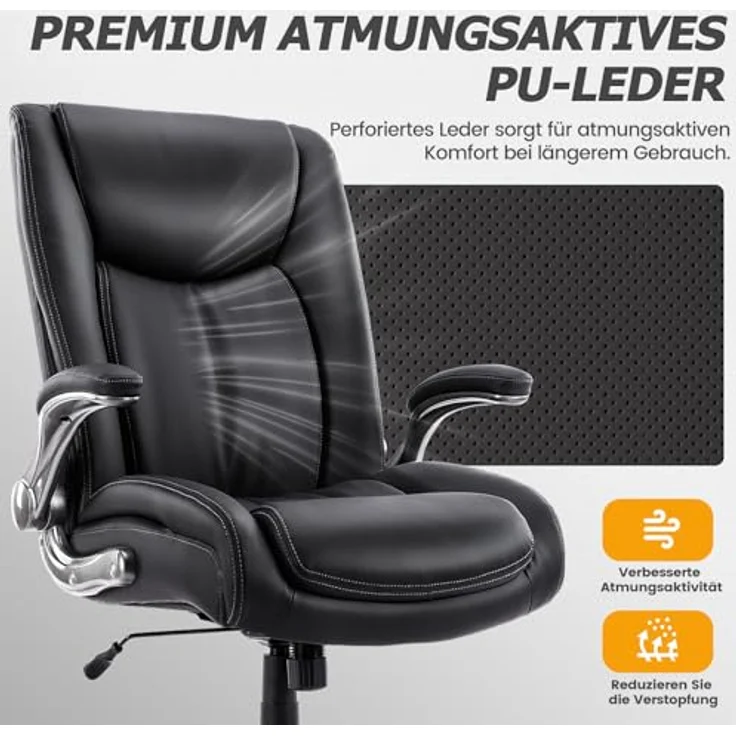 COLAMY Chefsessel Bürostuhl 181kg, Großer Ergonomischer Chefsessel Leder, Breiter Sitz, Klappbare Armlehnen, Höhenverstellbar für das Homeoffice, Schwarz – Bild 7