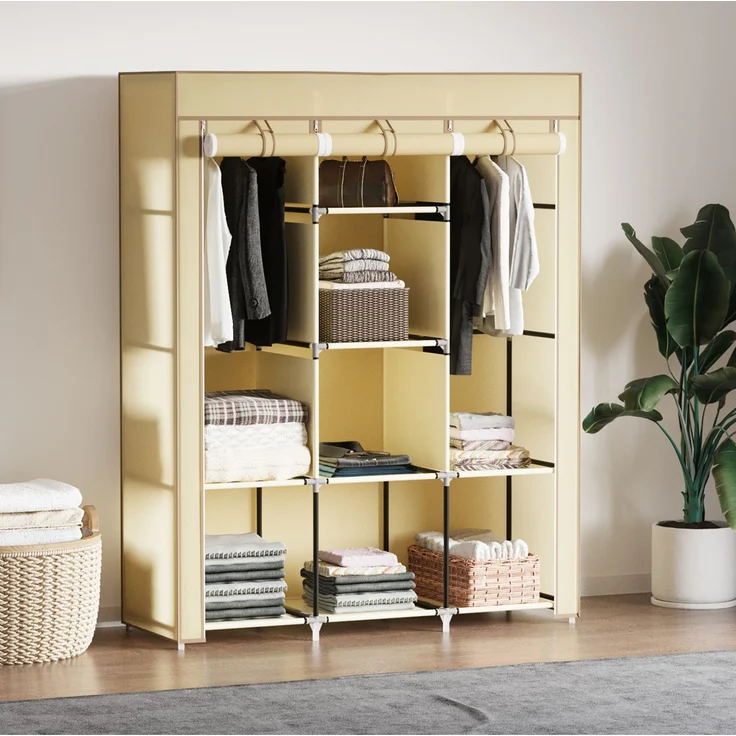 CHICFURN Kleiderschrank 125x162,5x43 cm mit 2 Kleiderstangen und 8 Einlegeböden – Beige – Bild 1