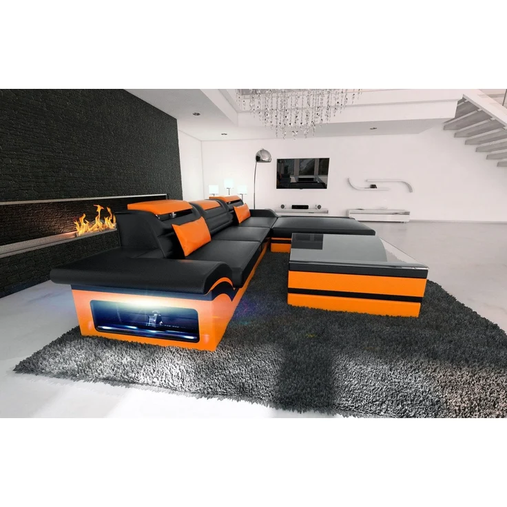 Mini Designer Ledersofa Parma L-Form - Kunstleder - Schwarz-Orange - Rechts – Bild 4