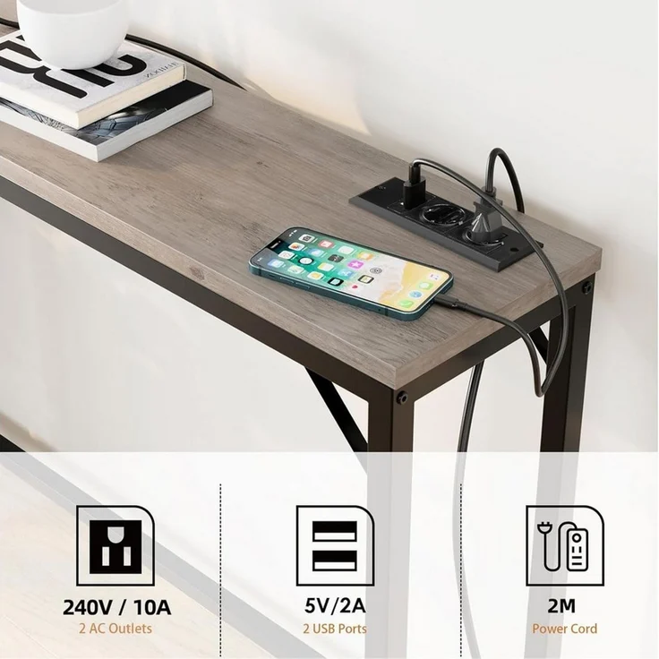 GarveeMore Konsolentisch mit Steckdose und USB-Anschluss,100x23x80cm, Ladestation Beistelltisch für Eingang Flur Wohnzimmer,Metallgestell – Bild 3