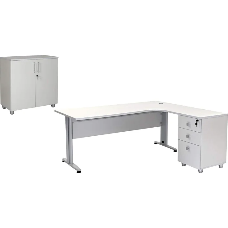 Schreibtisch Set Dona, grau Dekor, inkl. Schreibtisch inkl. Container mit 3 Schüben, rechts gwinkelt, Aktenschrank – Bild 2