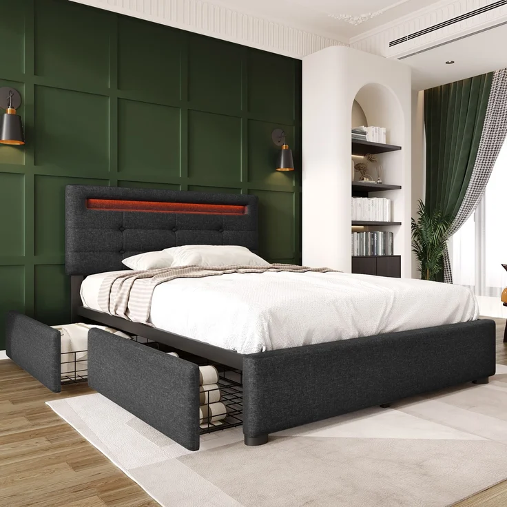 Einzelbett 90 × 200 cm mit LED-Beleuchtung, verstellbarem Kopfteil, 2 Schubladen, Leinenbezug in Grau, modernes Design,inklusive Matratze – Bild 6