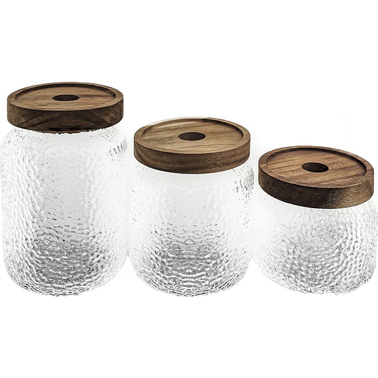 3er Set Vorratsbehälter aus Borosilikatglas mit luftdichtem Holzdeckel